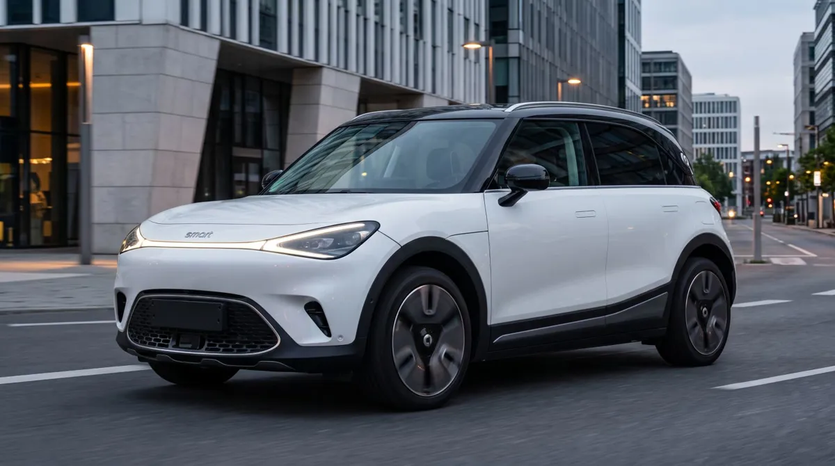 Yeni Smart'ın ilk elektrikli kompakt SUV'u. Belirleyici: yuvarlak akıcı gövde, kapalı ön, yüzen çatı, ince ışık şeridi.