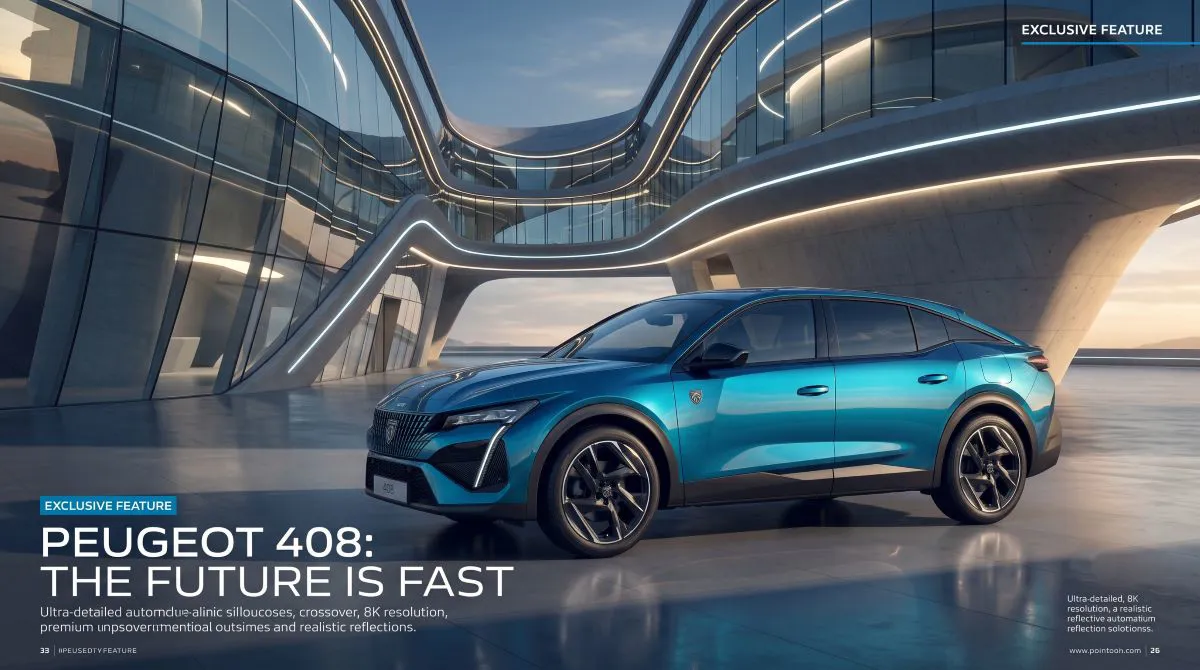 Peugeot 408 fastback crossover modeli, modern mimari önünde sportif siluetiyle yan açıdan görüntüleniyor.