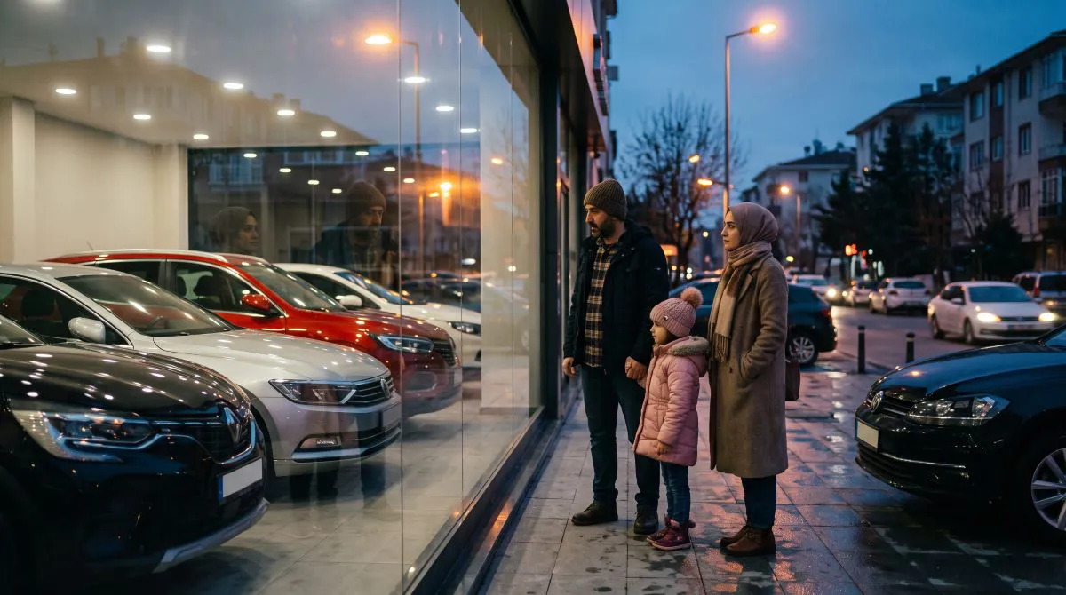 Akşamüstü bir galeri otoparkında sıfır araçlara bakan aile