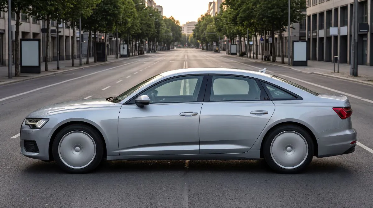 Alçak tavanlı, uzun kaputlu bir premium sedan yandan görünüm