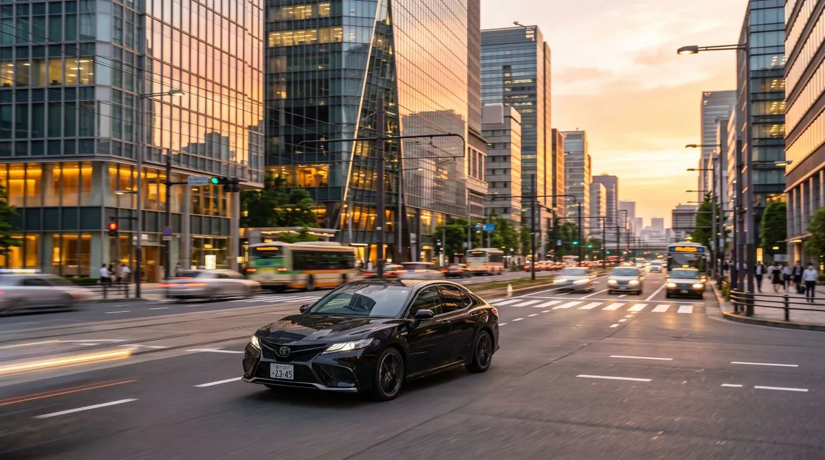 Modern şehir caddesinde ilerleyen siyah Toyota Camry, konforlu sürüşü ve prestijli sedan tasarımıyla dikkat çekiyor.