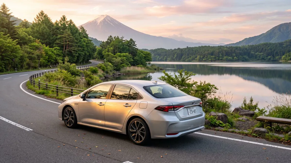 Göl kenarında gün doğumunda park etmiş Toyota Corolla, dünyanın en çok tercih edilen sedan modellerinden biri.