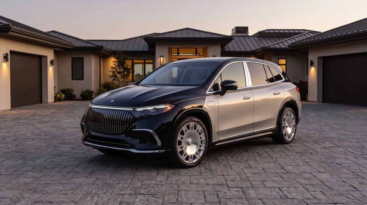 Maybach'ın ilk elektrikli SUV'u. Belirleyici: kapalı dikey çubuk desenli ön panel, iki tonlu gövde, ince ayrım şeridi, egzoz yok.