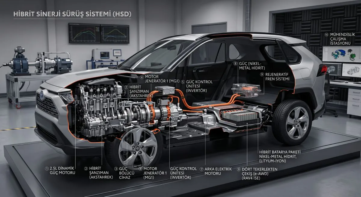 Toyota hibrit sisteminde benzinli motor, elektrik motoru ve batarya teknolojisinin detaylı mühendislik yapısı.