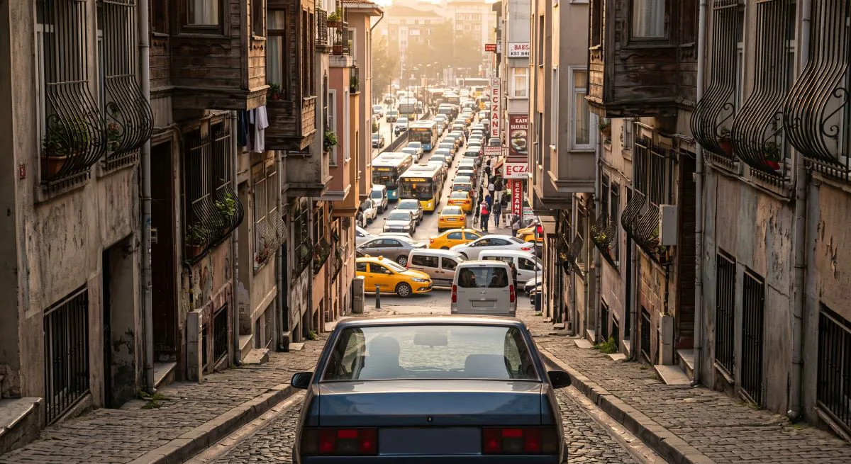 İstanbul'da dar bir ara sokakta ilerleyen araç ve arka planda yoğun ana cadde trafiği