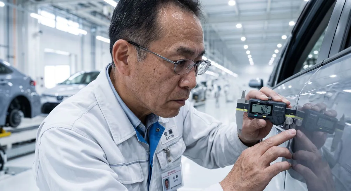 Toyota mühendisi, Kaizen ve sürekli iyileştirme anlayışı doğrultusunda otomobil gövdesinde kalite kontrol gerçekleştiriyor.