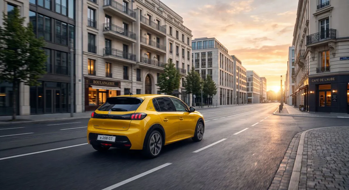 Sarı Peugeot E-208 elektrikli otomobil, modern şehir sokaklarında..