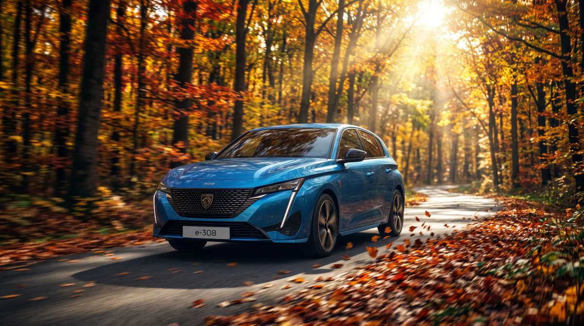 Metalik mavi Peugeot E-308 elektrikli hatchback, sonbahar orman yolunda çevreci sürüşü temsil eden modern tasarımıyla.