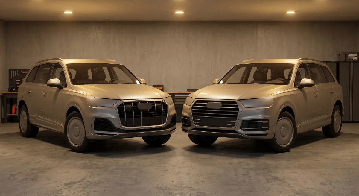 İki farklı markadan SUV, kapalı bir garajda yan yana
