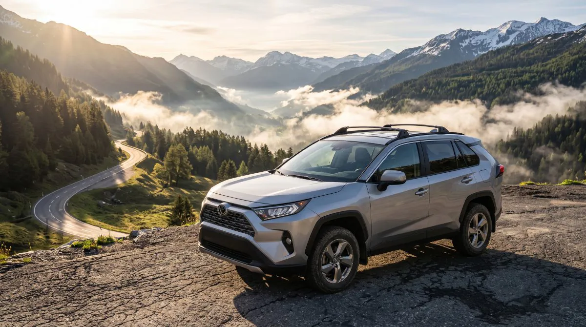 Dağ manzarasına karşı park etmiş Toyota RAV4, şehir konforunu SUV karakteriyle birleştiren popüler crossover modeli.