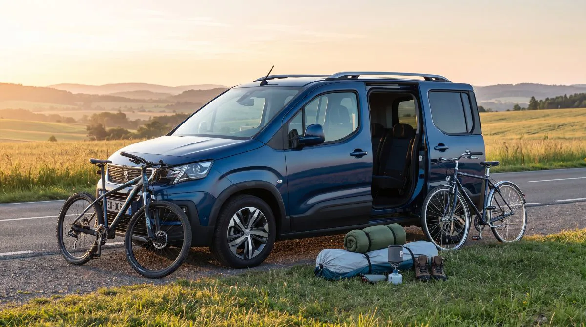Peugeot Rifter, kamp ekipmanlarıyla birlikte doğa ortamında park edilmiş çok amaçlı aile aracı.