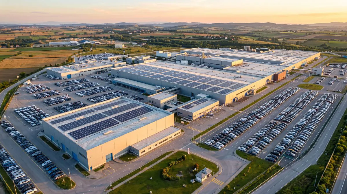 Gün doğumunda görüntülenen modern Toyota üretim tesisi, Türkiye'deki otomobil üretim ve ihracat faaliyetlerini temsil ediyor.