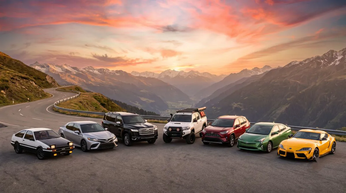 Toyota Corolla, Camry, Land Cruiser, Hilux, RAV4, Prius ve GR Supra modellerinin bir arada yer aldığı marka ailesi görseli.