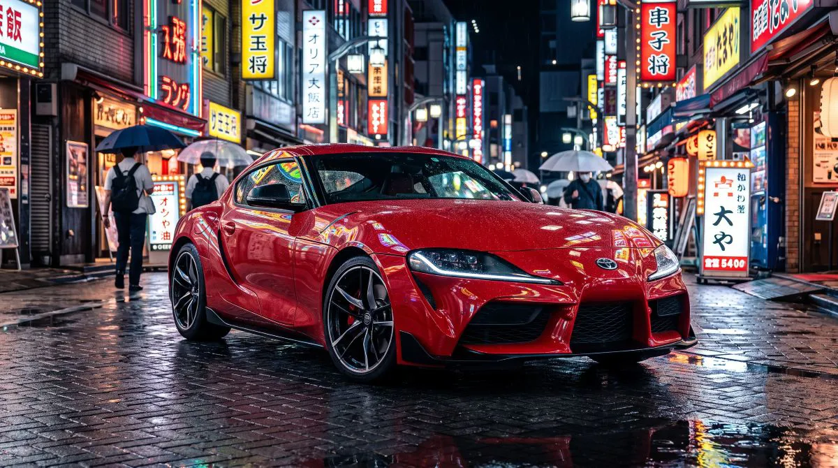 Gece Tokyo sokaklarında neon ışıkları altında duran kırmızı Toyota GR Supra, performans ve sportif tasarımıyla dikkat çekiyor.