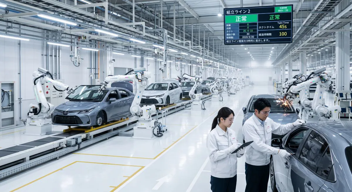 Modern Toyota üretim hattında robotik sistemler ve kalite kontrol süreçleriyle gerçekleştirilen hassas otomobil üretimi.