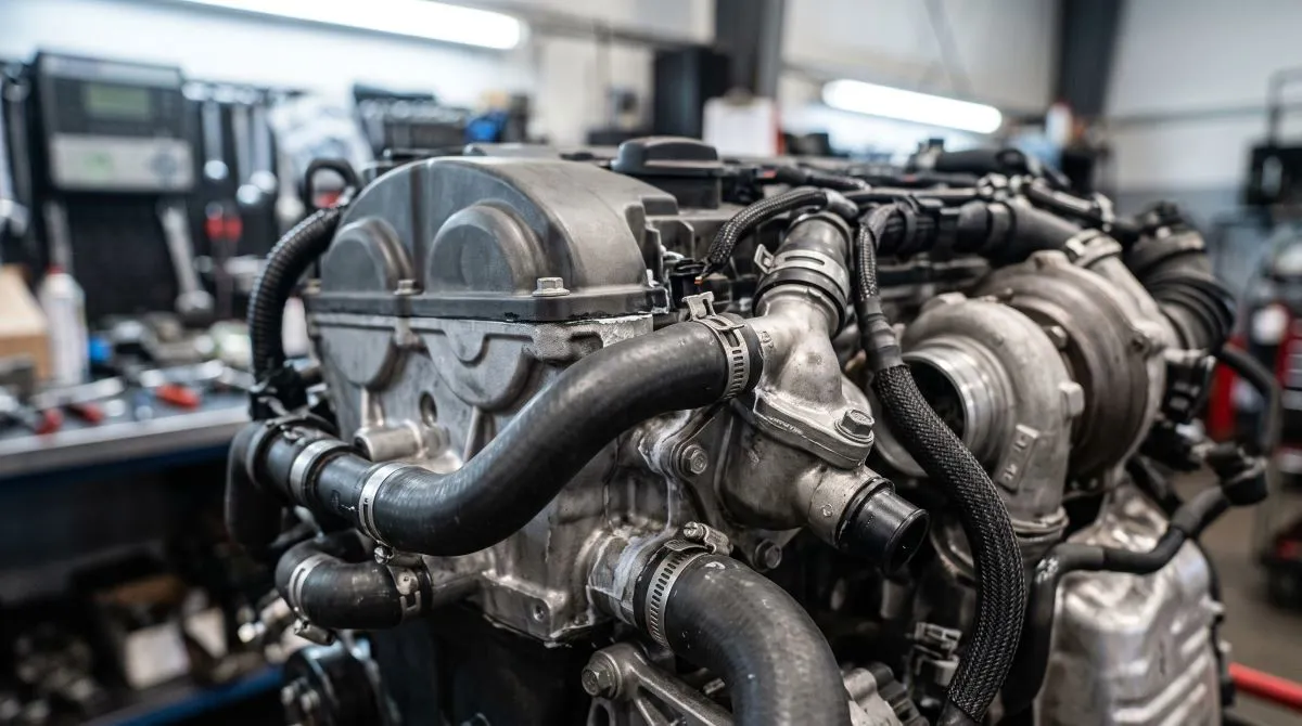 model turbo benzinli motorun soğutma sistemi ve silindir kafası bölgesinin görüntüsü