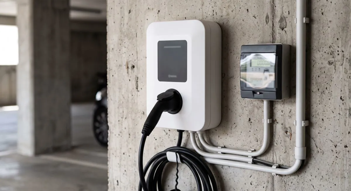 Duvara monte şarj ünitesi ve yanındaki elektrik sayacının yakın plan görüntüsü