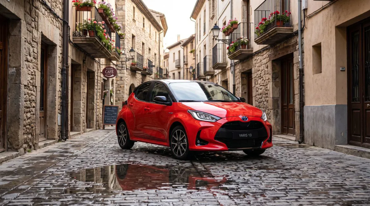 Yağmur sonrası Avrupa sokağında park etmiş Toyota Yaris, şehir içi kullanım için kompakt ve ekonomik bir otomobil.